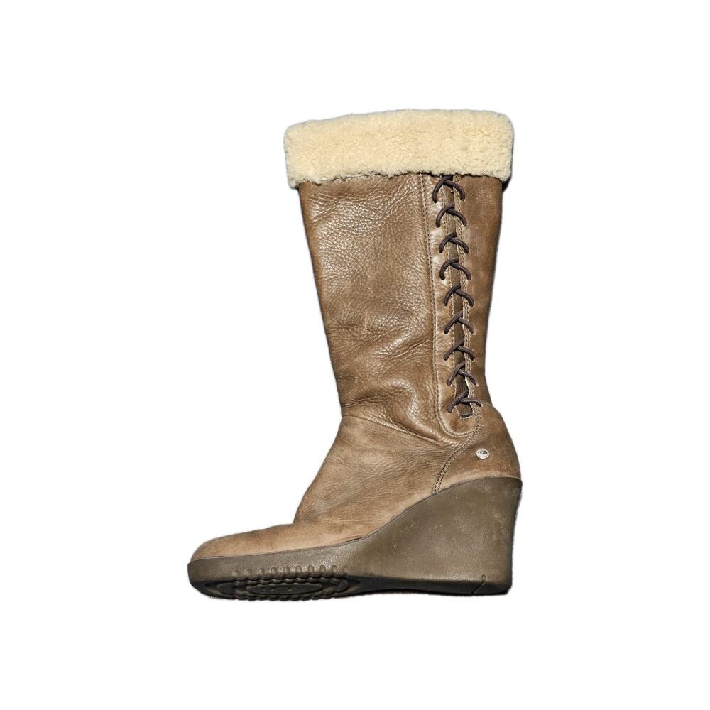 Ugg Boots Womens 7 Brown Leather Wedge Sheepskin Mid Calf Platform Boots - Picture 2 of 10